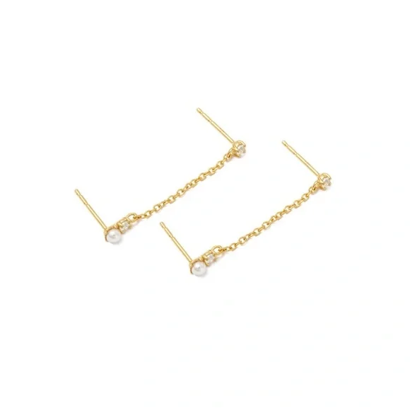 Julia Double Studs Elegant Gold Chain Earrings - Picture 2 of 5